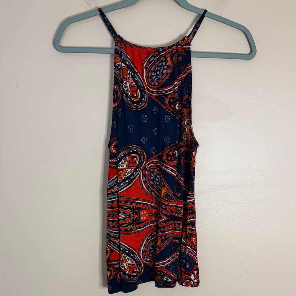 High-Neck Navy and Red Paisley Tank Top